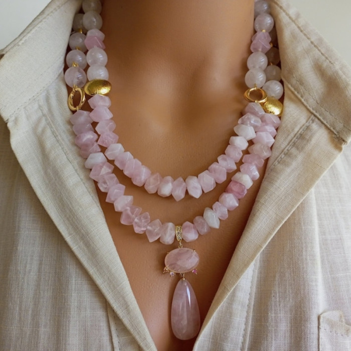 Bohemian Style Handmade Beaded Natural Stone Women'S Neck Jewelry Pink Quartz Crystal Necklace