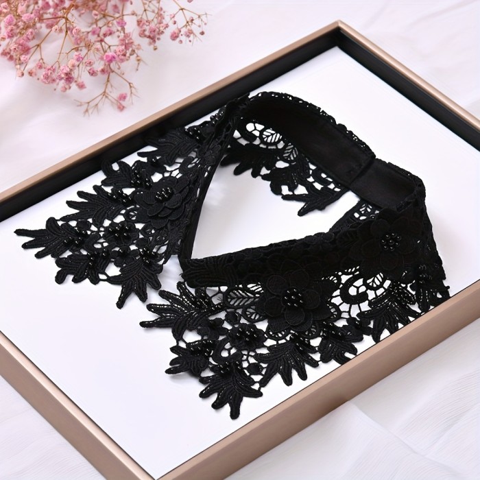 Vintage Women's Yellow Lace Detachable Collar with Beaded Floral Design - Polyester, Handwash\u002FDry Clean, Perfect for Layering with Sweaters