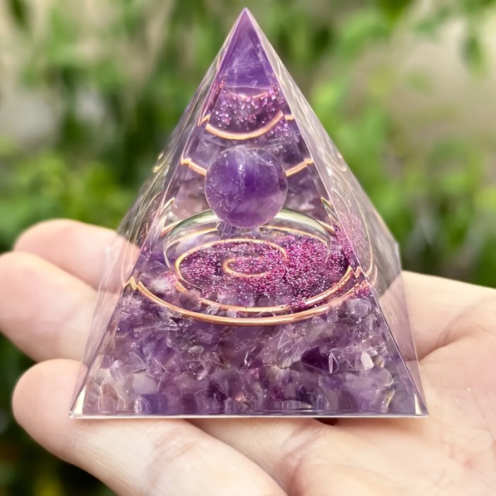 1pc Orgone Pyramid Generator with Amethyst, Chakra Crystal for Prosperity & Success, Home Decor Spiritual Gift, Unscented Solid Format