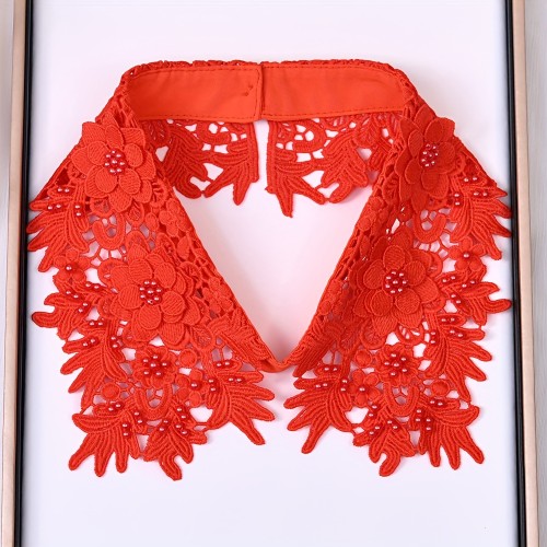 Vintage Women's Yellow Lace Detachable Collar with Beaded Floral Design - Polyester, Handwash\u002FDry Clean, Perfect for Layering with Sweaters