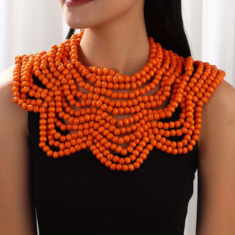 Handmade African-Inspired Wooden Bead Shawl Chain Necklace
