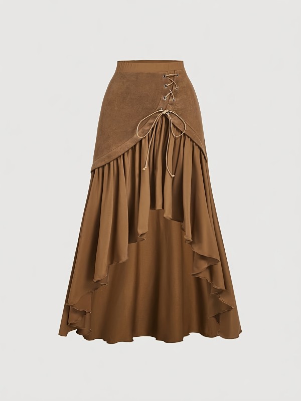 Asymmetrical Western Outfit Hem Wrap Dress in Camel Brown Ruffled Skirt