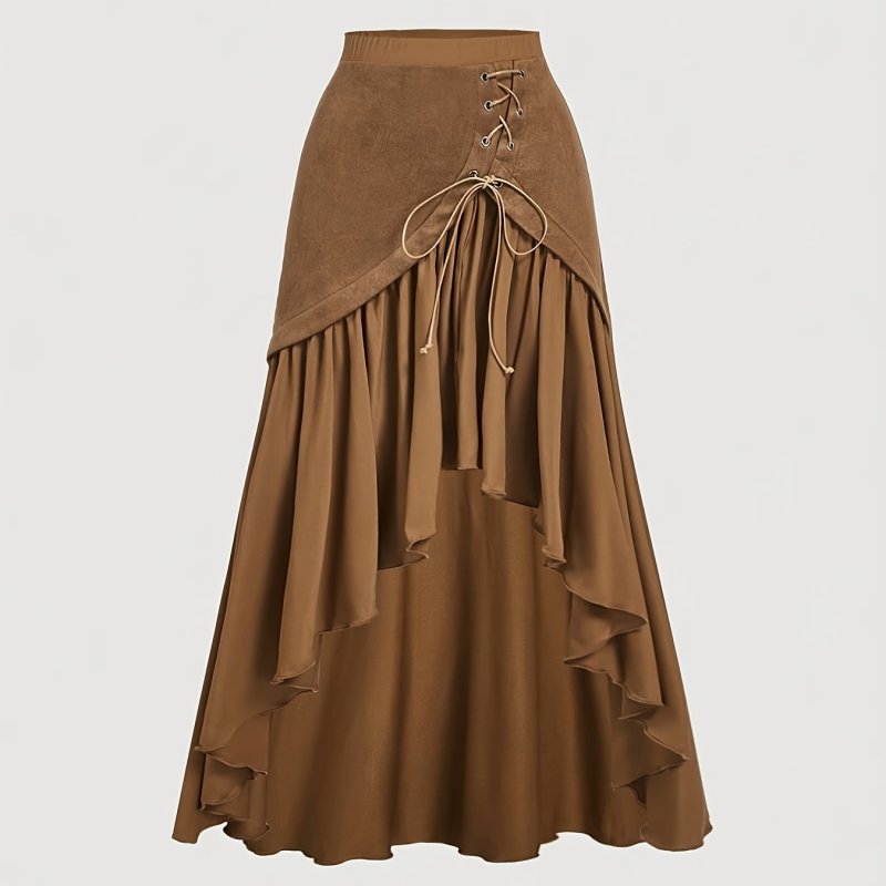 Asymmetrical Western Outfit Hem Wrap Dress in Camel Brown Ruffled Skirt