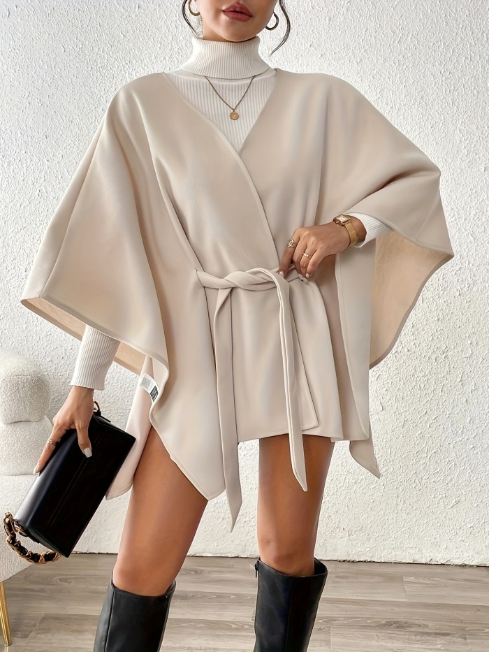 Elegant Women's Beige Lace-Up Short Cape Coat
