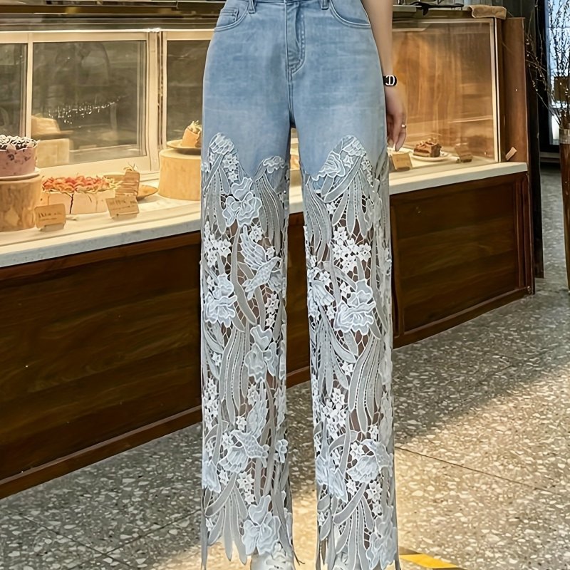 Women's High-Waisted Straight Leg Jeans with Asymmetrical Floral Lace Cut-Outs