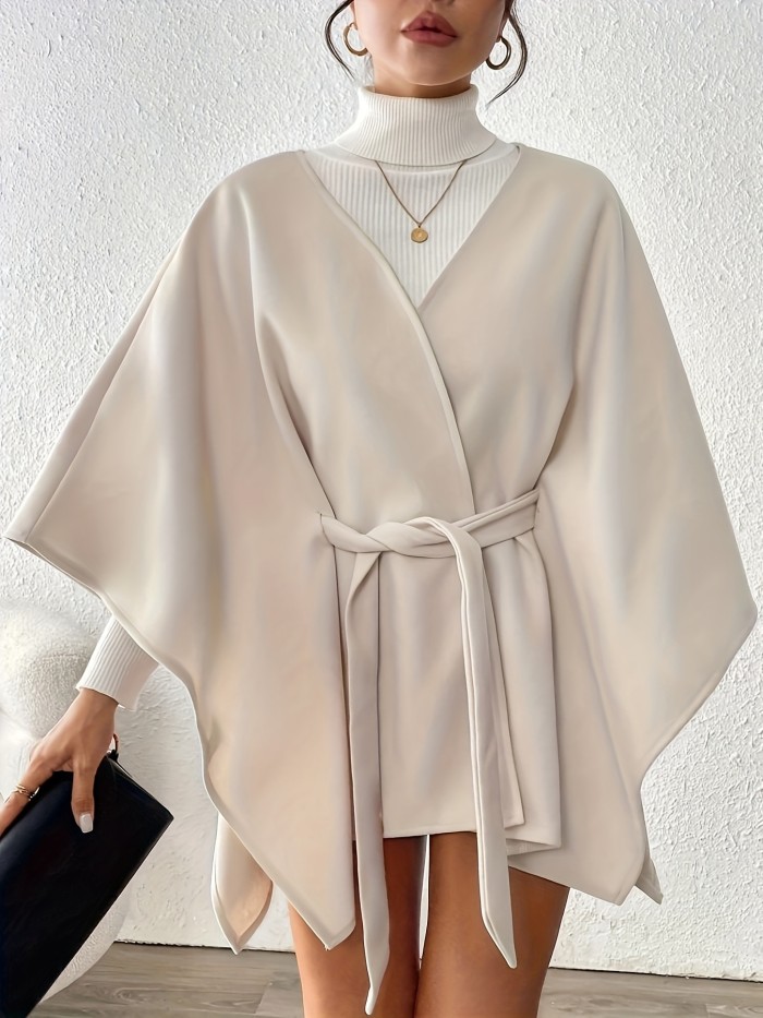 Elegant Women's Beige Lace-Up Short Cape Coat