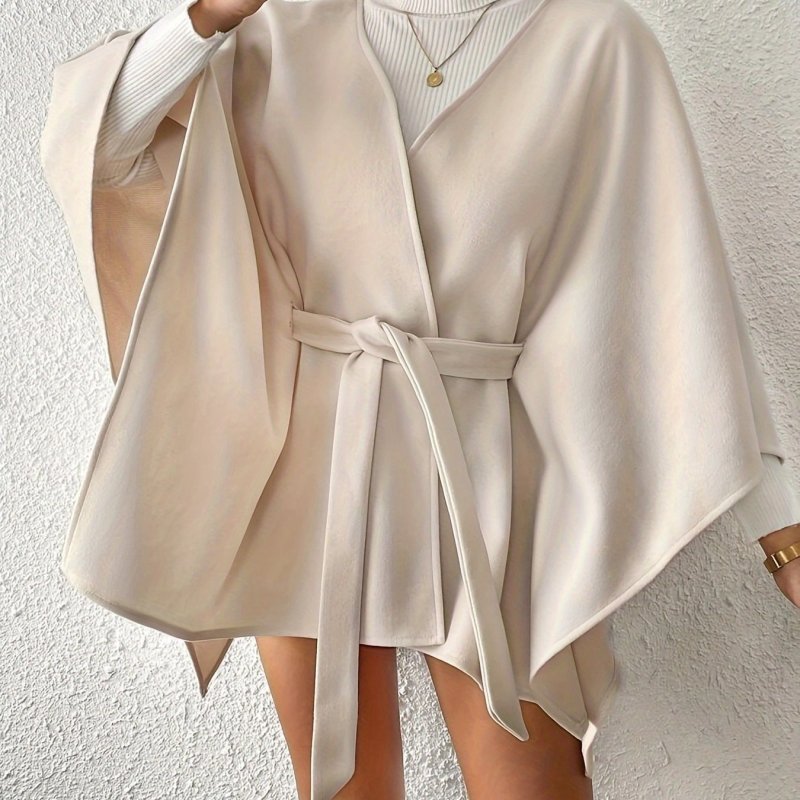 Elegant Women's Beige Lace-Up Short Cape Coat
