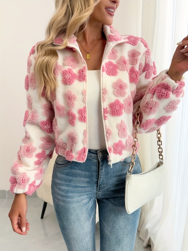 Trendy Coat Trendy Ladies' Fashionable Coat | Three-Dimensional Floral Stand-Up Collar Zipper Jacket