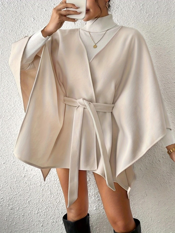Elegant Women's Beige Lace-Up Short Cape Coat