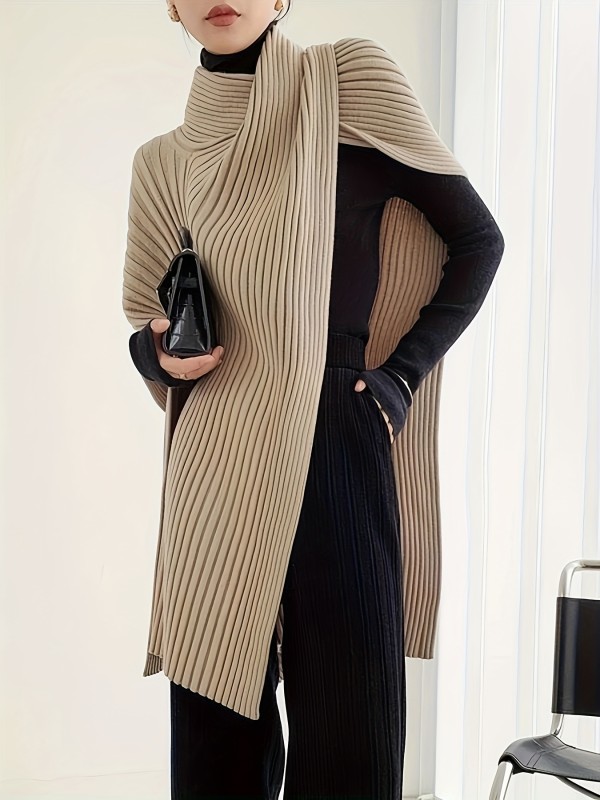 Soft Beige & Black Women's French-Inspired Asymmetrical Poncho Scarf High Neck Winter Wrap
