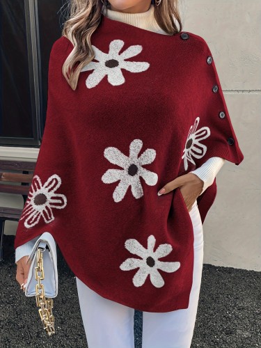 Elegant Floral Color Block Poncho-Style Sweater