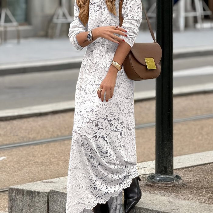 Elegant Lace Fashion Contrast Round Neck Long Sleeve Dress
