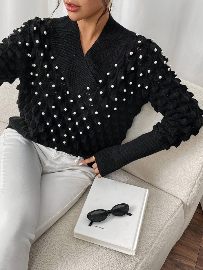 Women'S Elegant Long Sleeve V-Neck Sweater with Rhinestone Embellishments