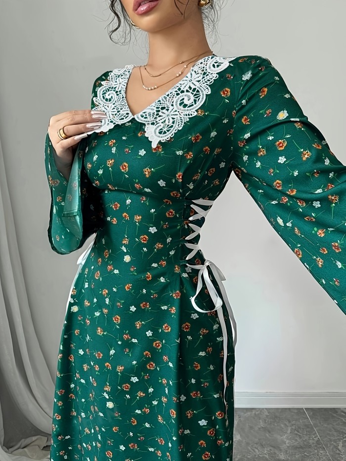 Women's Floral Print Collar A-Line  Long Sleeve Dress