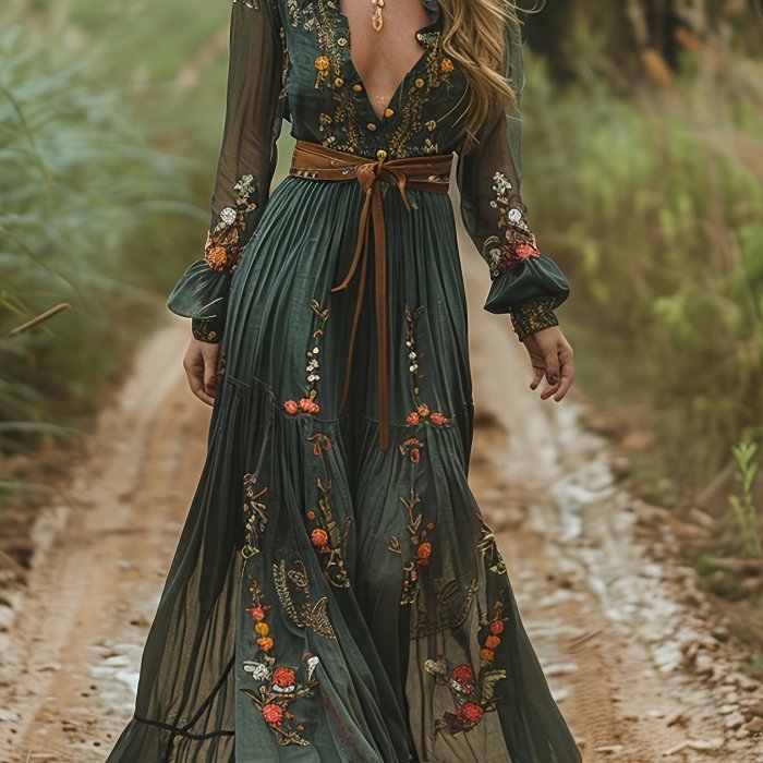 Women'S Bohemian Long Flowing Lantern Sleeves A-Line Beach Floral Maxi Dress