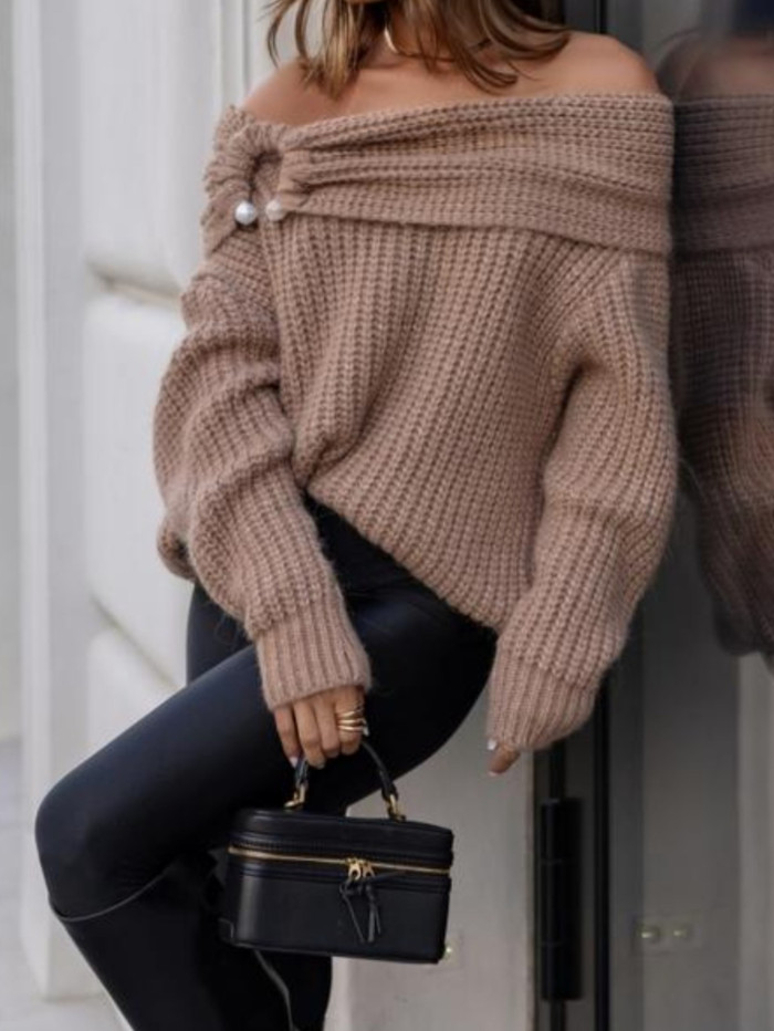 Women'S Beige Off-Shoulder Sweater