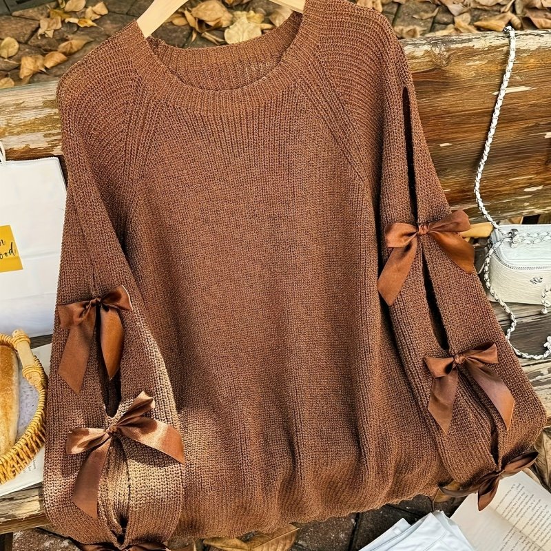 Soft Warm Winter Loose Fit Round Neck Long Sleeve Pullover Elegant Brown Sweater
