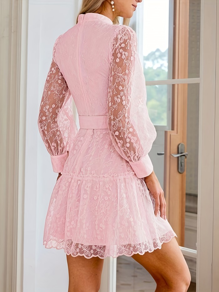 Elegant Sheer Long Sleeve Embroidered Mesh Dress