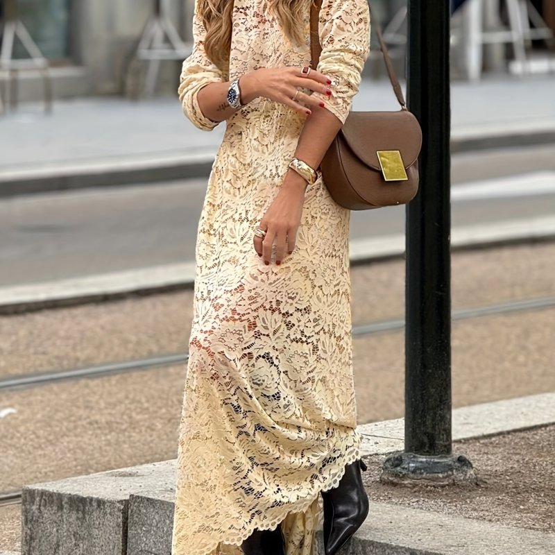 Elegant Lace Fashion Contrast Round Neck Long Sleeve Dress