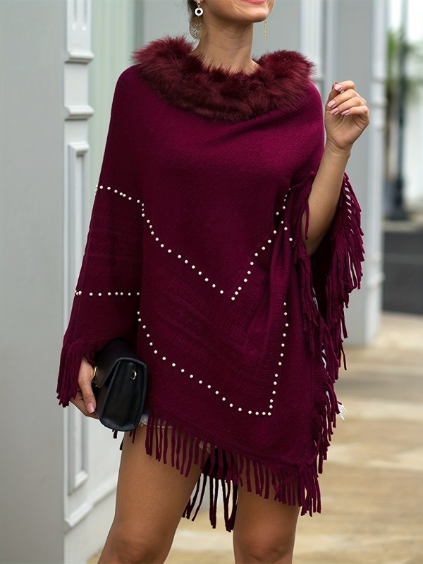 Autumn Winter Faux Fur Collar Tassel Cape Shawl with Beaded Pullover Sweater Jacke