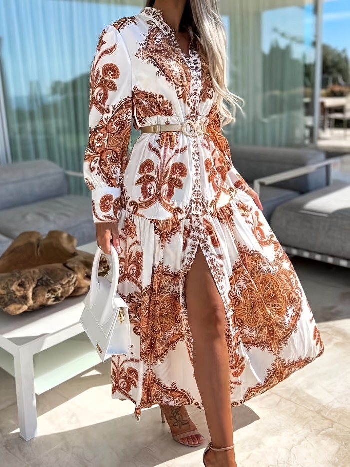Bohemian V-Neck Porcelain Lantern Sleeves Print Long Maxi Dress