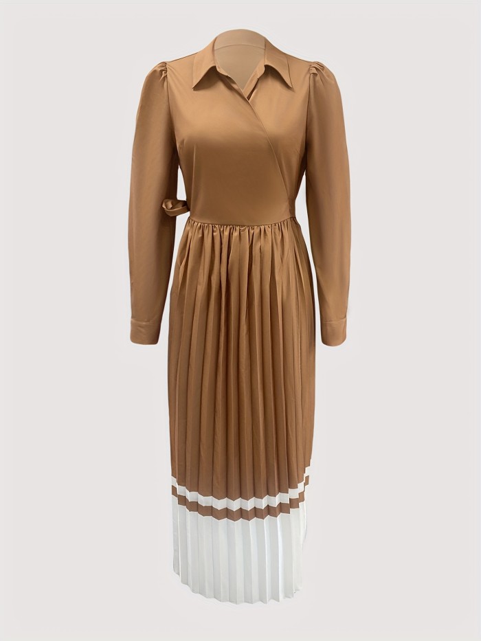 Elegant  Chic Waist-Cinching Design Brown Pleated Long Dress with Lapel Collar