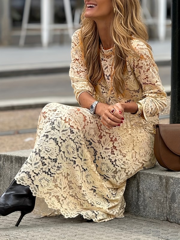 Elegant Lace Fashion Contrast Round Neck Long Sleeve Dress