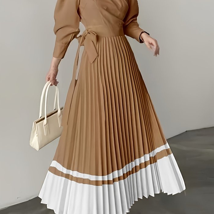 Elegant  Chic Waist-Cinching Design Brown Pleated Long Dress with Lapel Collar