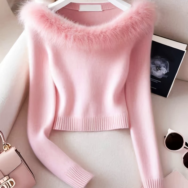 Soft Pink Women's French-Inspired Elegant Off-the-Shoulder Sweater
