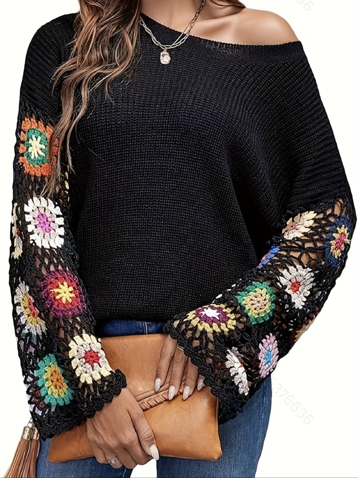 Women's Long Sleeve Color Block Floral Print Loose Fit Drop Shoulder Pullover Sweater