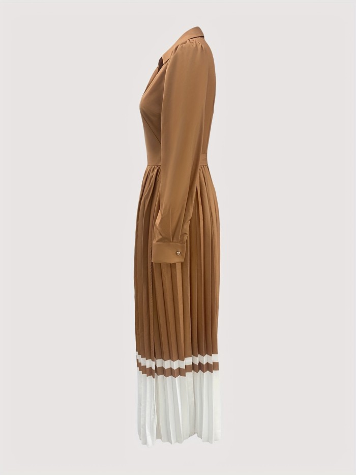 Elegant  Chic Waist-Cinching Design Brown Pleated Long Dress with Lapel Collar
