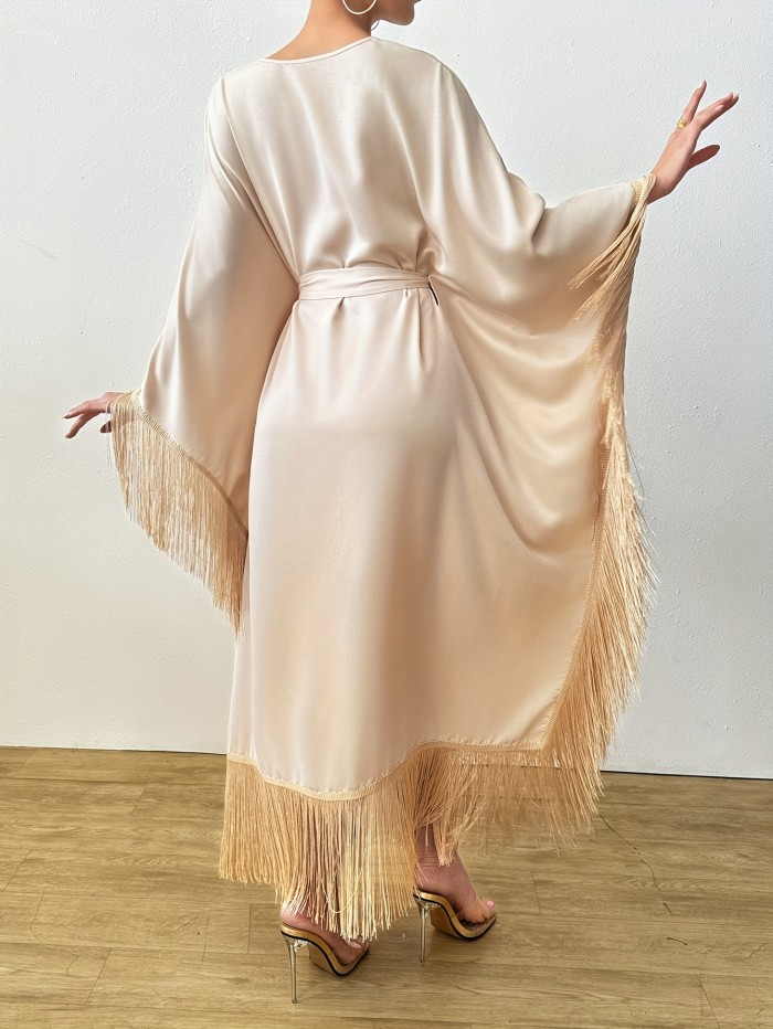 Women's Chic Long Sleeve Casual V-Neck Tassel Kaftan Dress