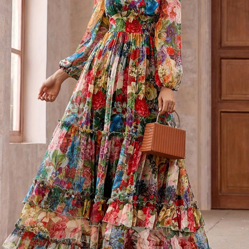 Elegant Floral Print V-Neck Maxi Dress with Lantern Sleeves and Cinched Waist