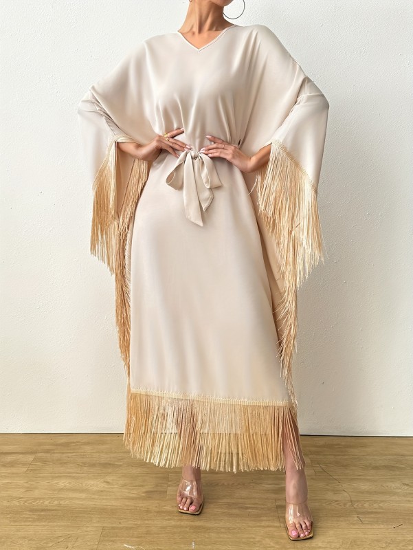 Women's Chic Long Sleeve Casual V-Neck Tassel Kaftan Dress