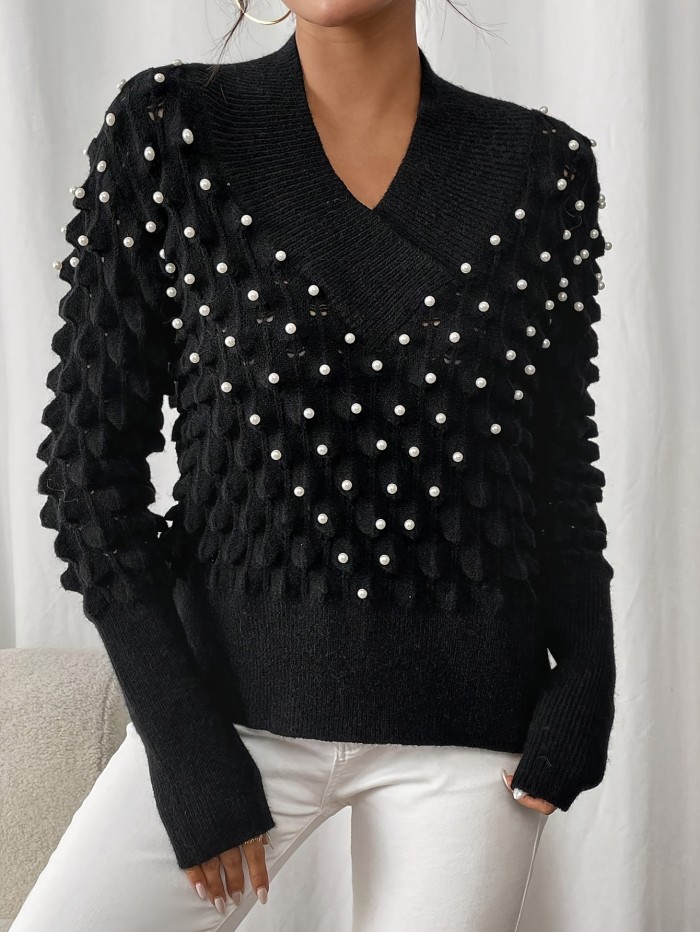 Women'S Elegant Long Sleeve V-Neck Sweater with Rhinestone Embellishments