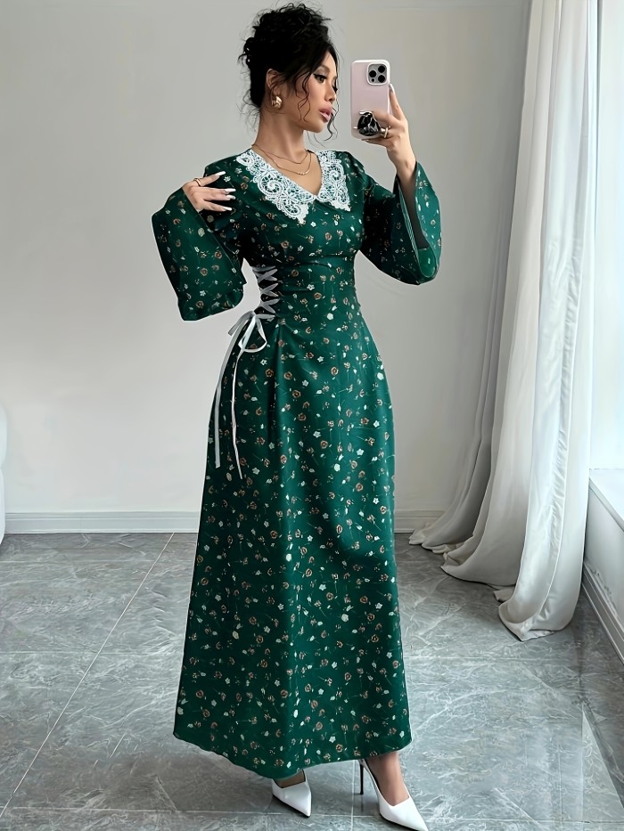 Women's Floral Print Collar A-Line  Long Sleeve Dress
