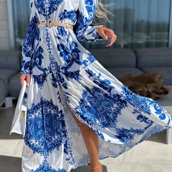 Bohemian V-Neck Porcelain Lantern Sleeves Print Long Maxi Dress