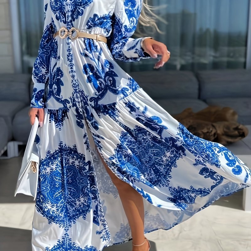Bohemian V-Neck Porcelain Lantern Sleeves Print Long Maxi Dress
