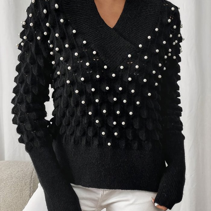 Women'S Elegant Long Sleeve V-Neck Sweater with Rhinestone Embellishments