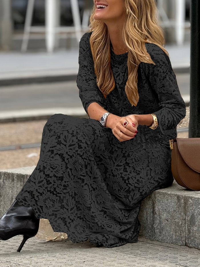 Elegant Lace Fashion Contrast Round Neck Long Sleeve Dress
