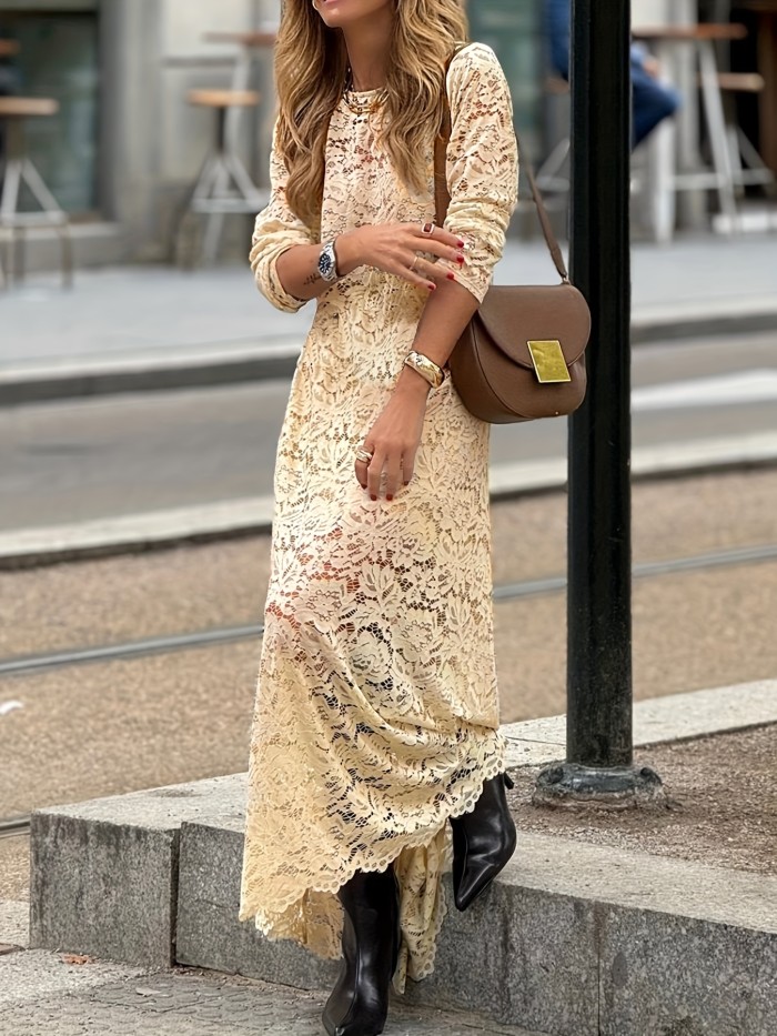 Elegant Lace Fashion Contrast Round Neck Long Sleeve Dress