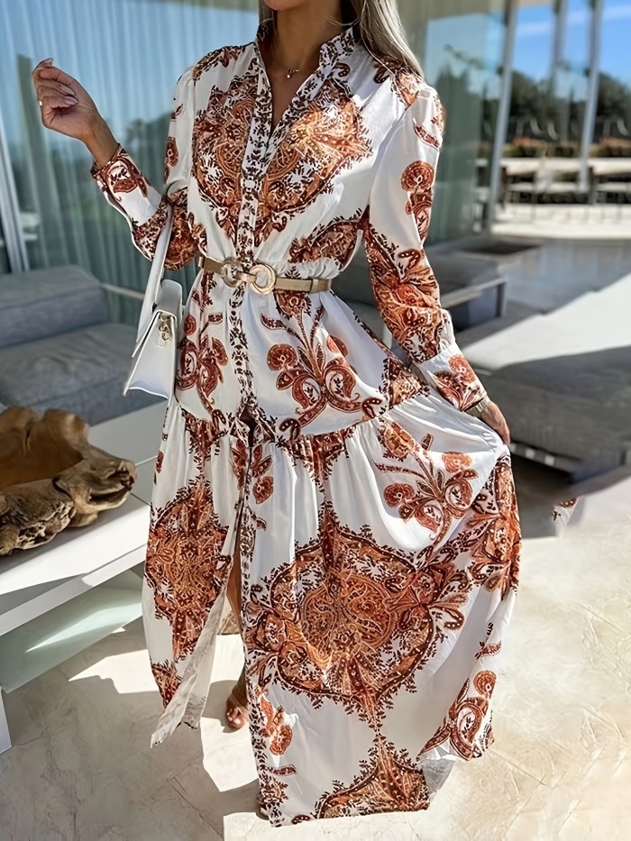 Bohemian V-Neck Porcelain Lantern Sleeves Print Long Maxi Dress