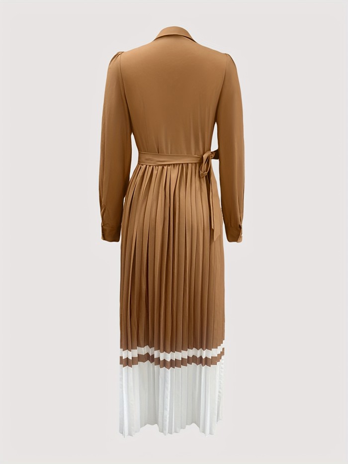 Elegant  Chic Waist-Cinching Design Brown Pleated Long Dress with Lapel Collar