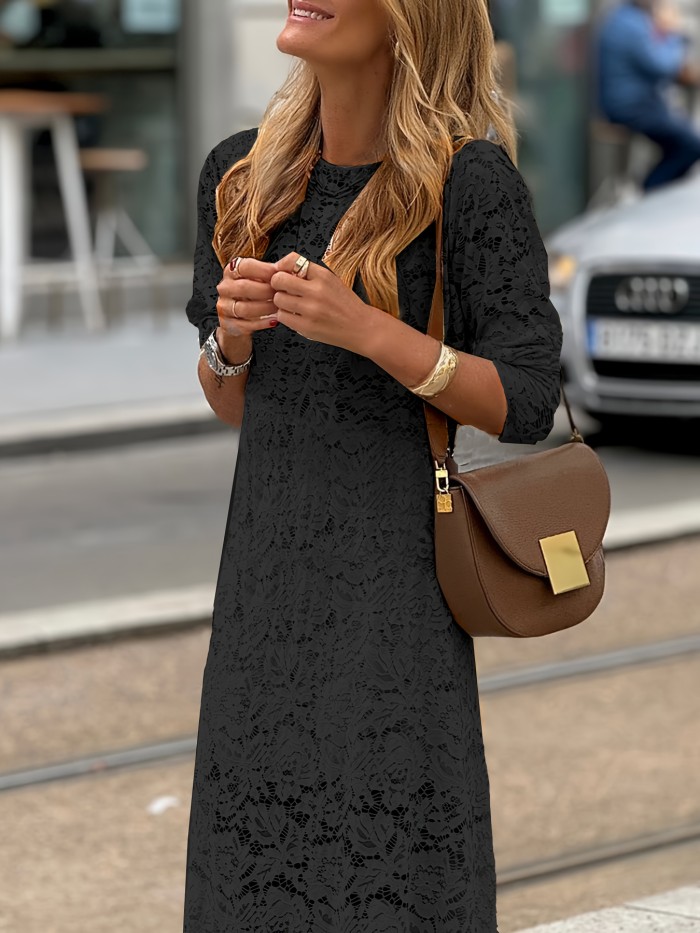 Elegant Lace Fashion Contrast Round Neck Long Sleeve Dress