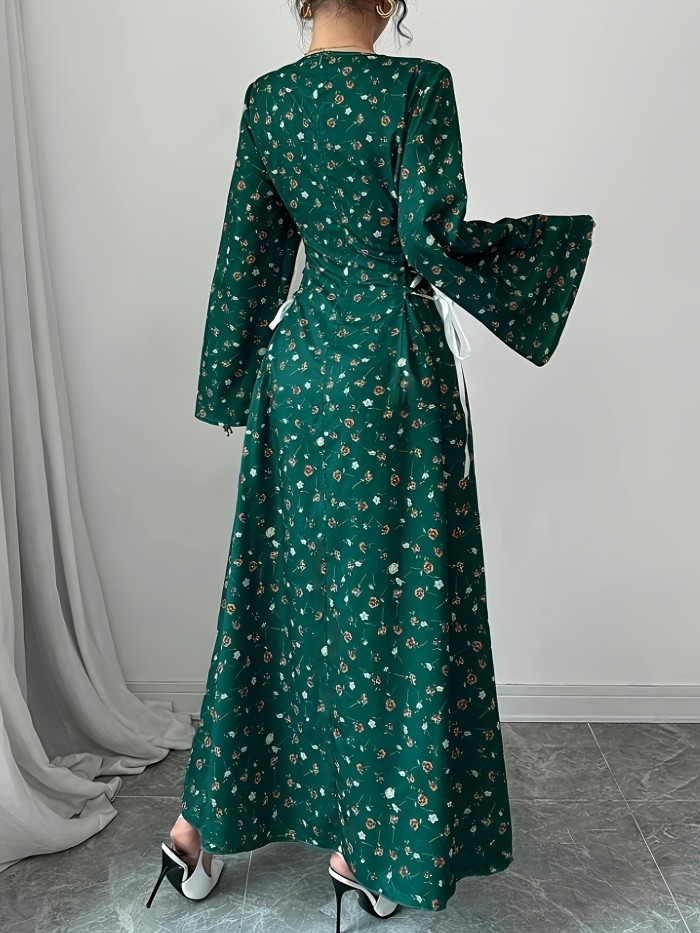 Women's Floral Print Collar A-Line  Long Sleeve Dress