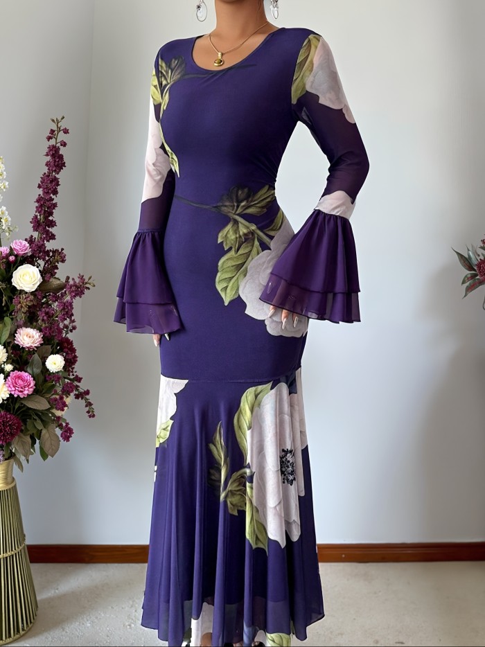 Elegant Floral Long Sleeve Round Neck Elegant Floral Print Maxi Dress for Women