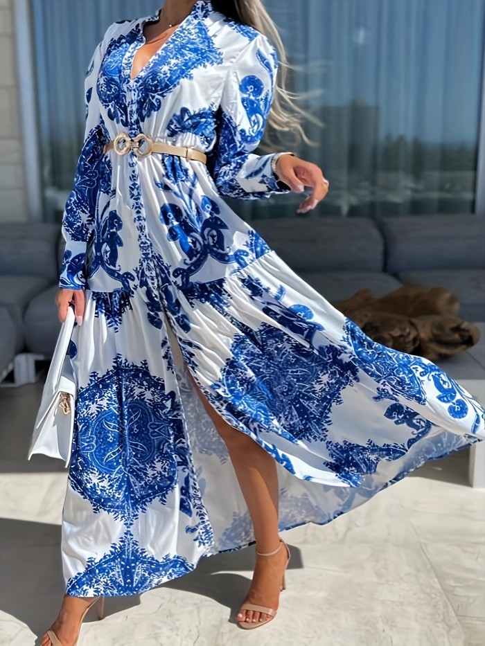 Bohemian V-Neck Porcelain Lantern Sleeves Print Long Maxi Dress