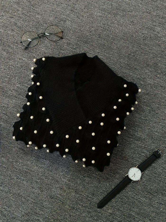 Women'S Elegant Long Sleeve V-Neck Sweater with Rhinestone Embellishments