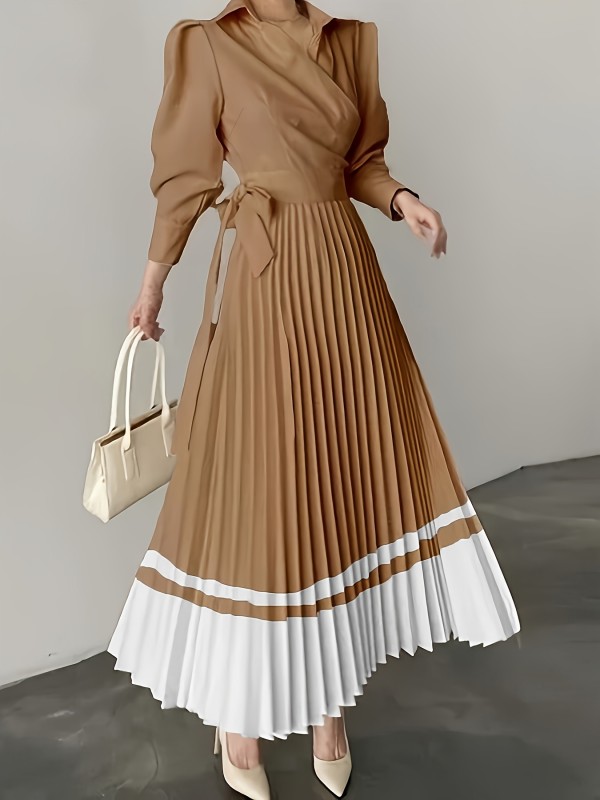 Elegant  Chic Waist-Cinching Design Brown Pleated Long Dress with Lapel Collar