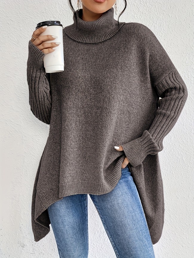 Solid Color Women's High-Neck Long Sleeve Turtleneck Pullover Sweater